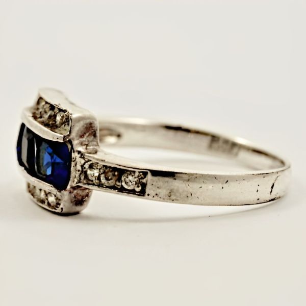 Silver Ring Azure Blue and Clear Rhinestones circa 1950s